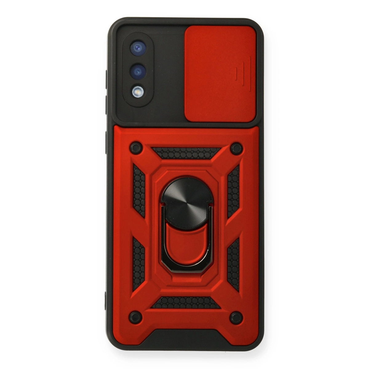 Kamera modülü ve halka tutuculu kırmızı ve siyah telefon kılıfı.