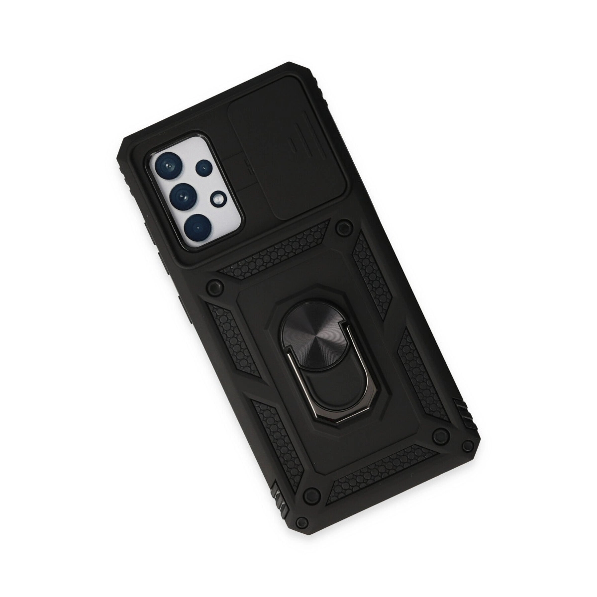 Kamera kapaklı ve halka tutuculu siyah telefon kılıfı.