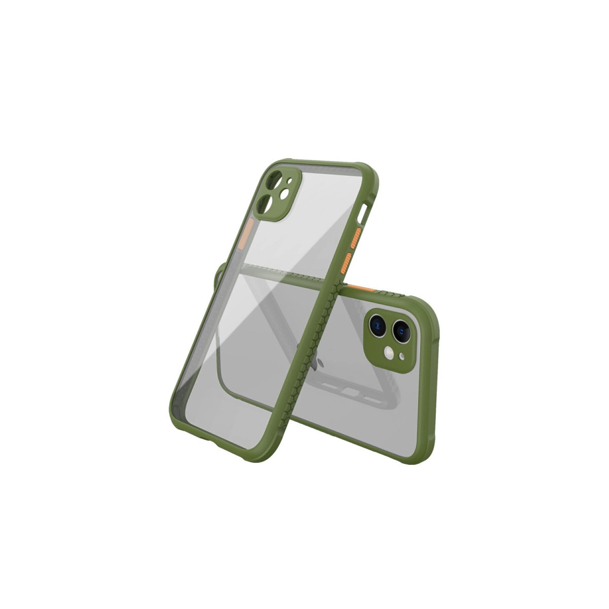 Yeşil kenarlı iki şeffaf telefon kılıfı yan yana duruyor.
