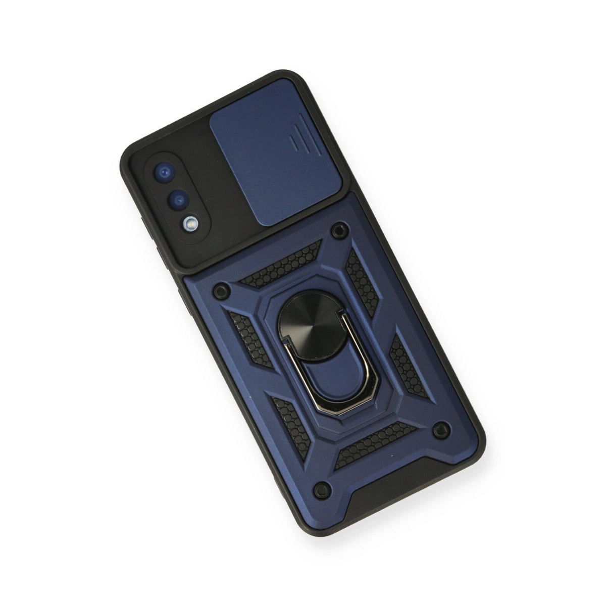 Kamera sürgülü kapaklı ve halka tutuculu koyu mavi telefon kılıfı.