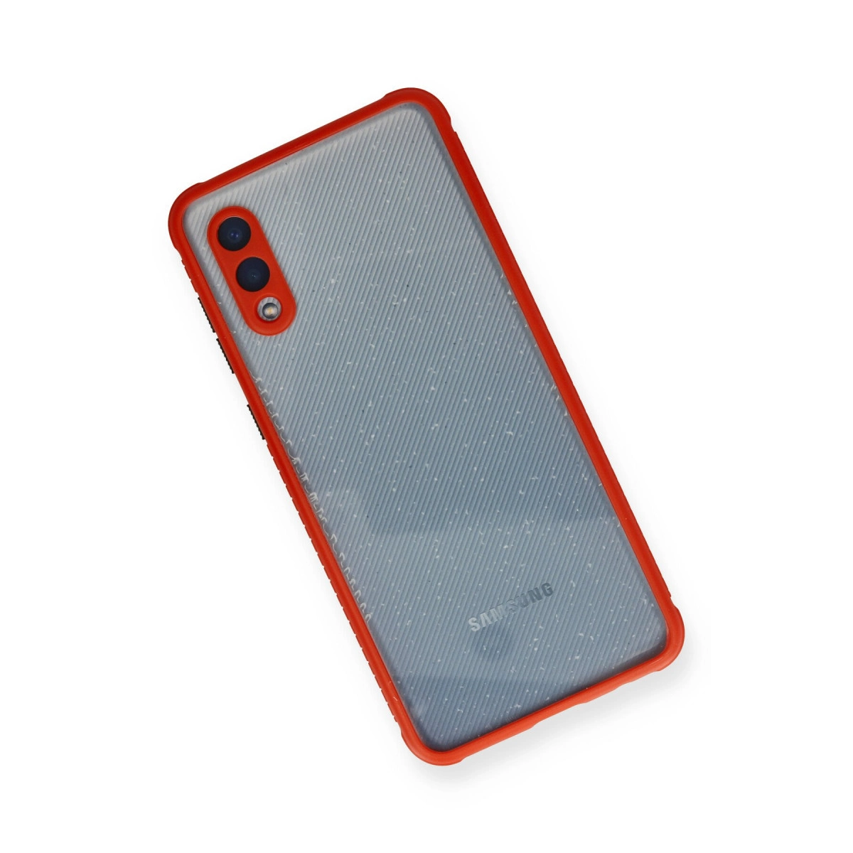 Kırmızı kenarlı ve çizgili desenli şeffaf telefon kılıfı.