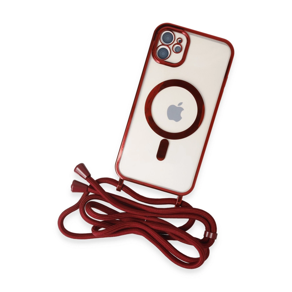 Kırmızı kenarlı ve kordonlu şeffaf iPhone kılıfı.