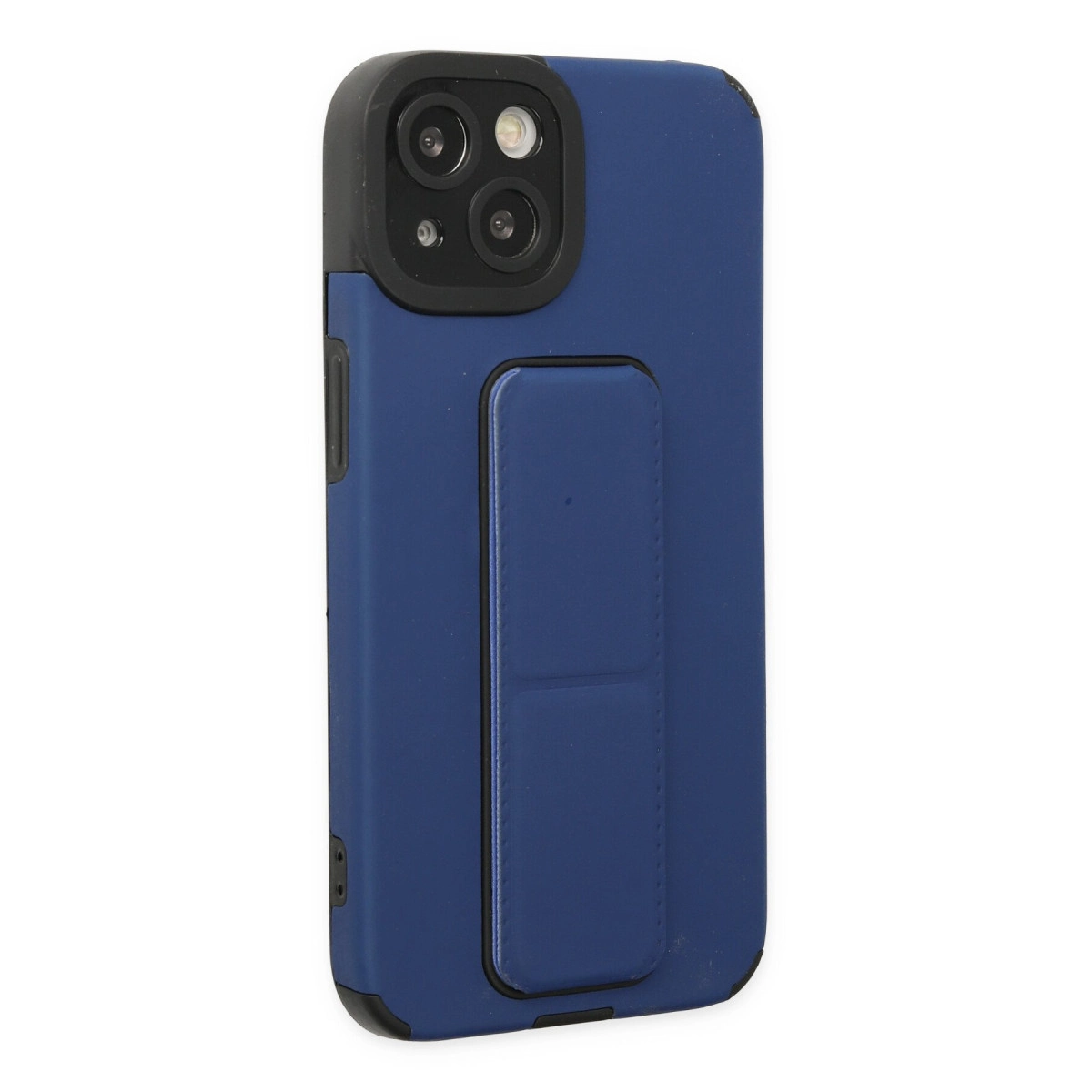 Entegre tutamaçlı, siyah kamera çerçeveli mavi telefon kılıfı.