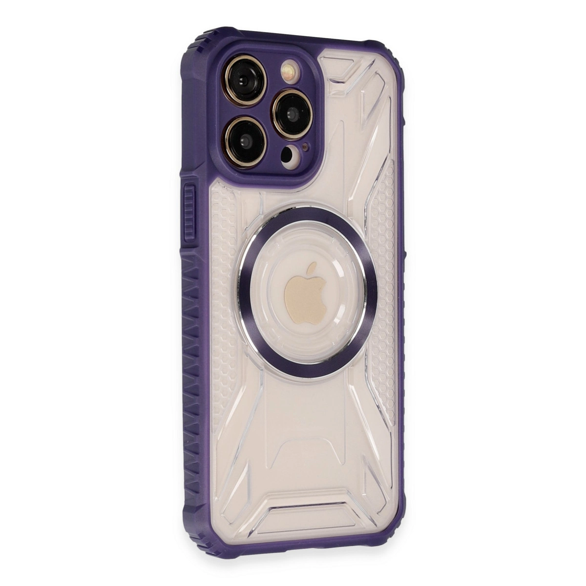 Apple logosu ve üç kamerası olan mor iPhone kılıfı.