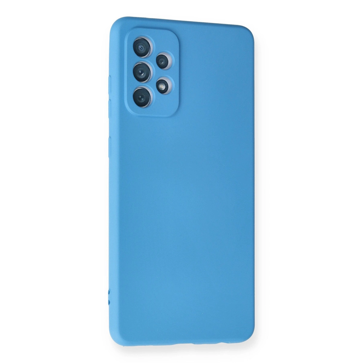Arkada dört kamera lensli mavi telefon kılıfı.