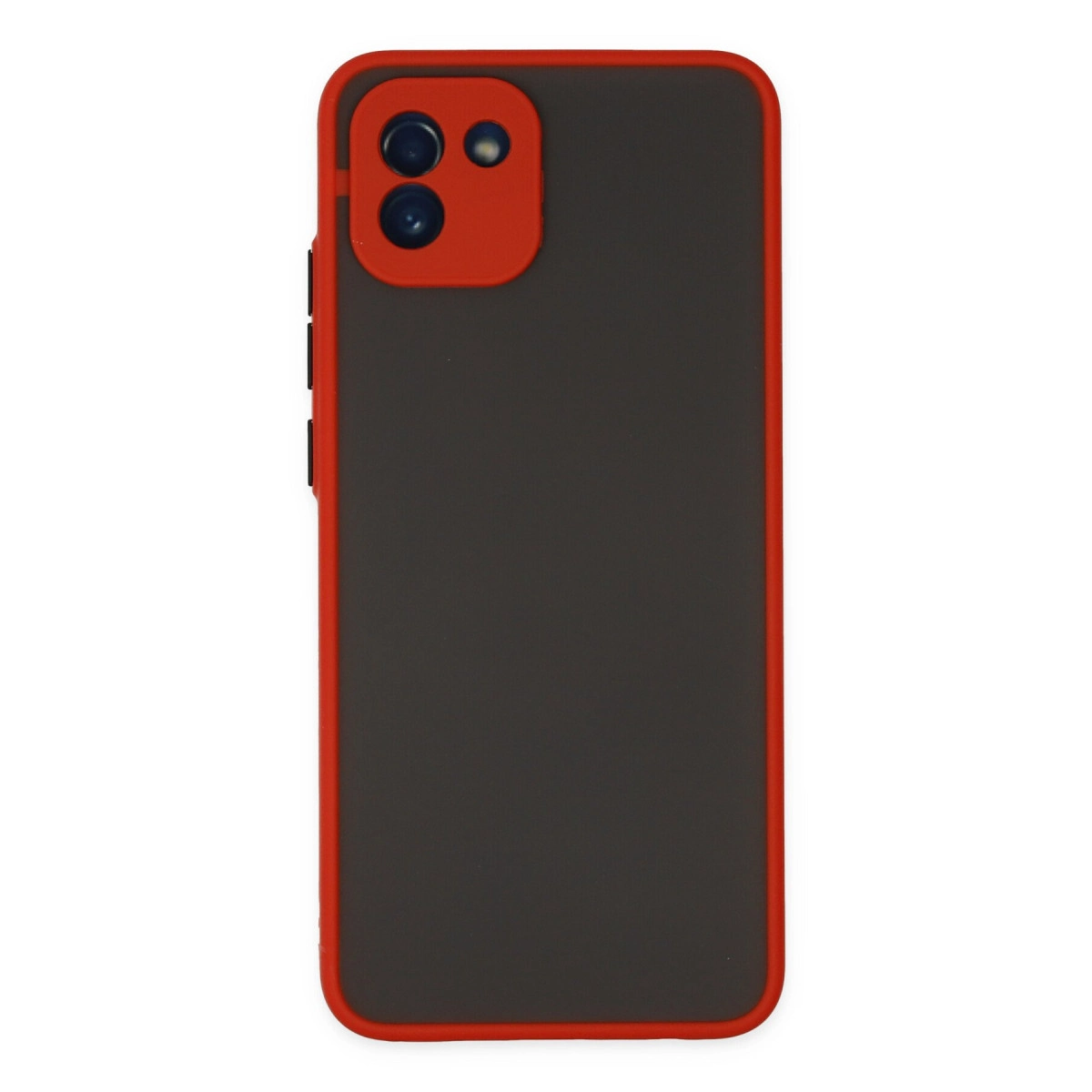 Kırmızı çerçeveli ve kamera kesimli koyu gri telefon kılıfı.