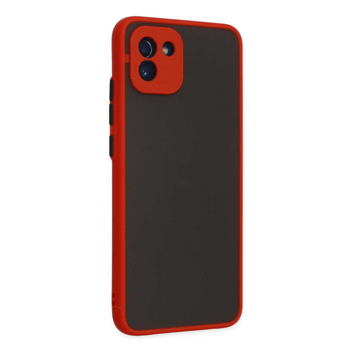 Kırmızı kenarlı ve kamera kesimli koyu gri telefon kılıfı.