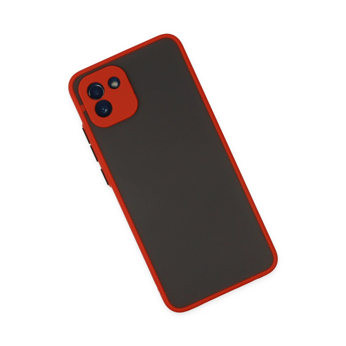 Kırmızı çerçeveli, koyu gri telefon kılıfı.