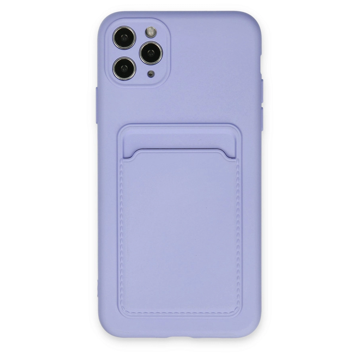 Kamera kesimli, kart bölmeli lavanta rengi telefon kılıfı.