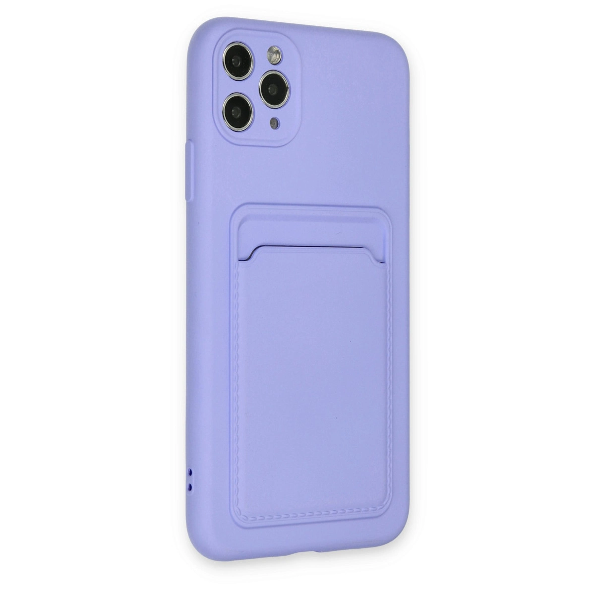 Kart yuvalı ve üç kamera lensli lavanta rengi telefon kılıfı.