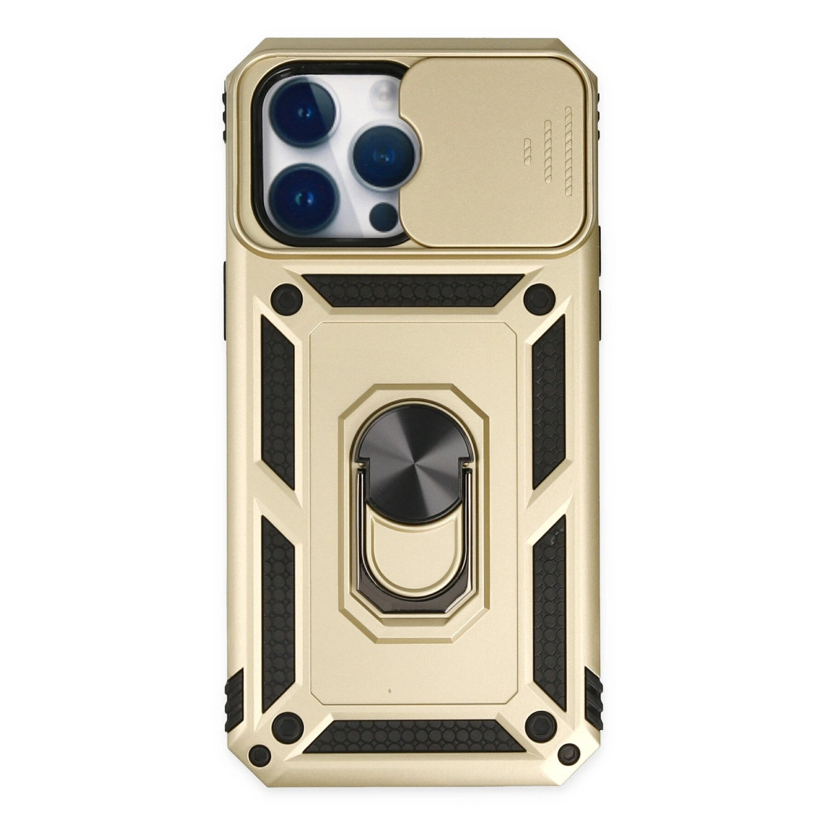 NEWFACE iPhone 14 Pro Max Uyumlu Pars Lens Yüzüklü Silikon Telefon Kılıfı Gold