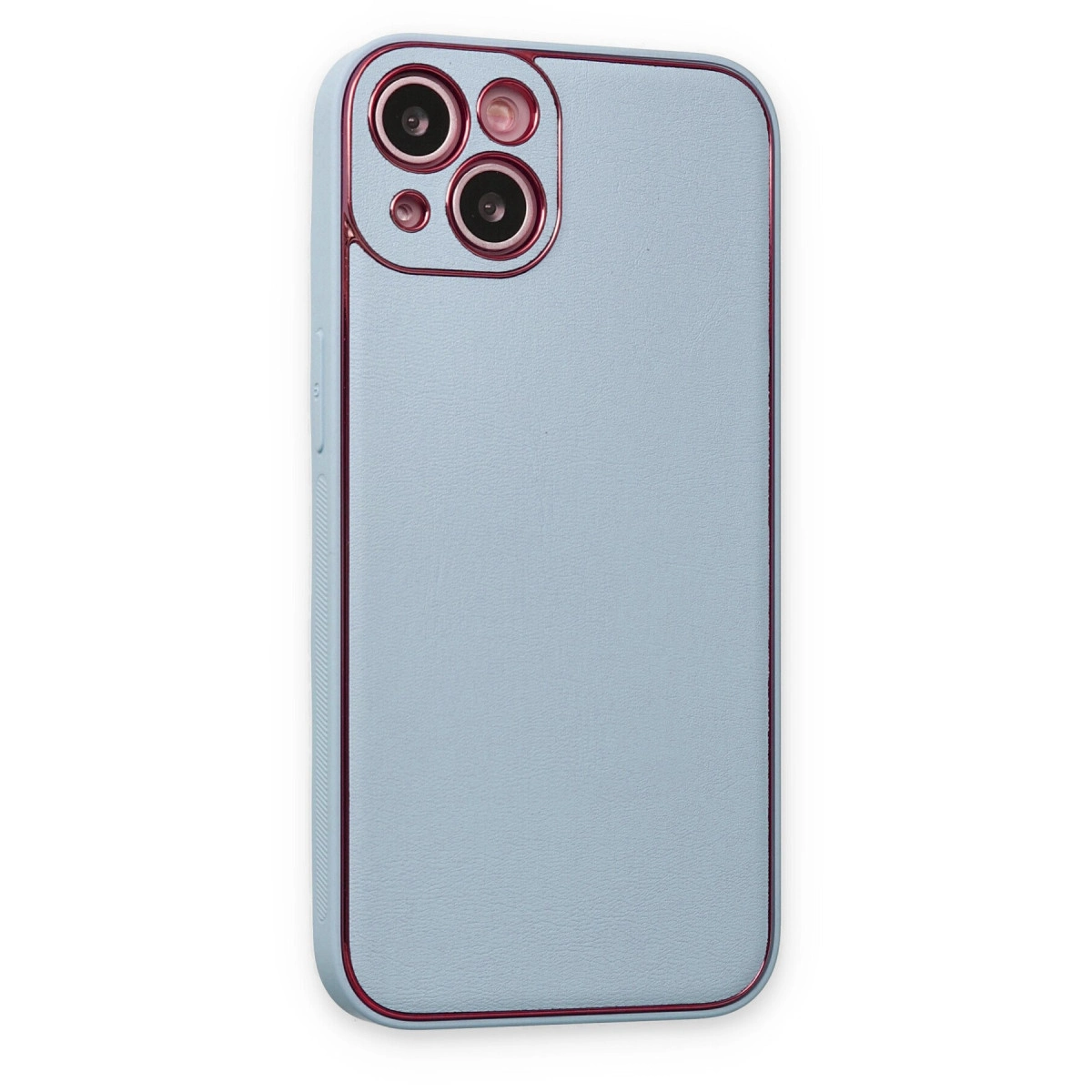 Kırmızı çerçeveli açık mavi telefon kılıfı ve kamera lensleri.