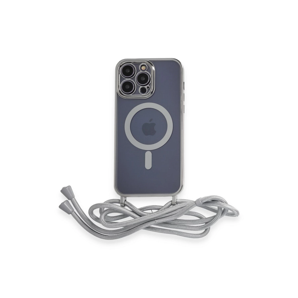 MagSafe ve kordonlu koyu gri telefon kılıfı, beyaz