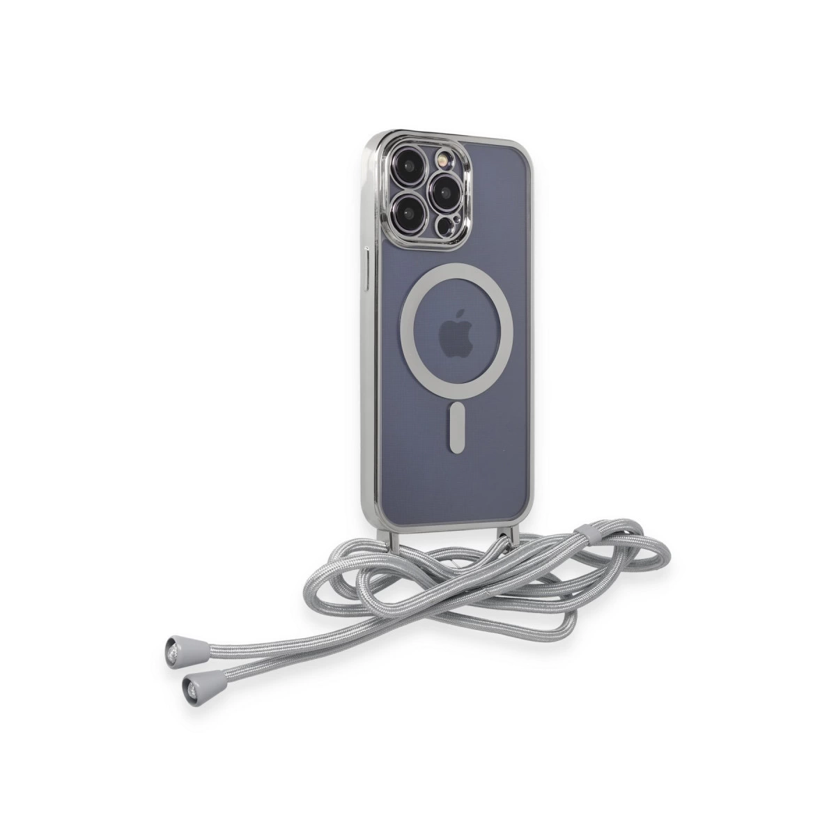 MagSafe halkalı, Apple logolu, gri iPhone kılıfı ve kordon.