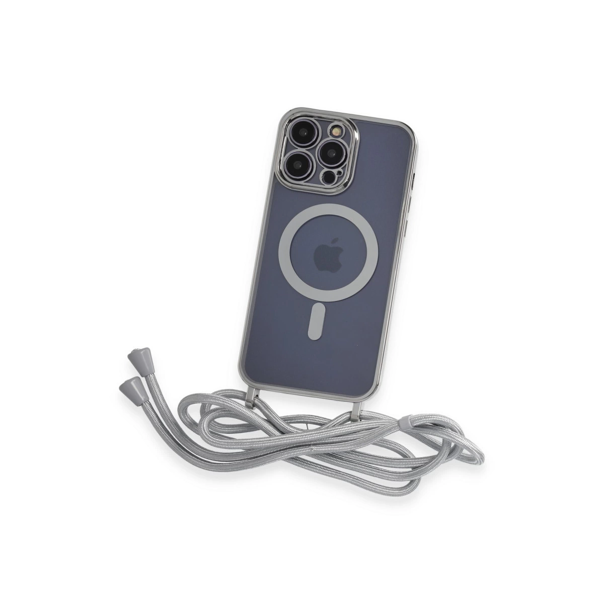 Kameralı ve kordonlu koyu gri telefon beyaz zeminde.