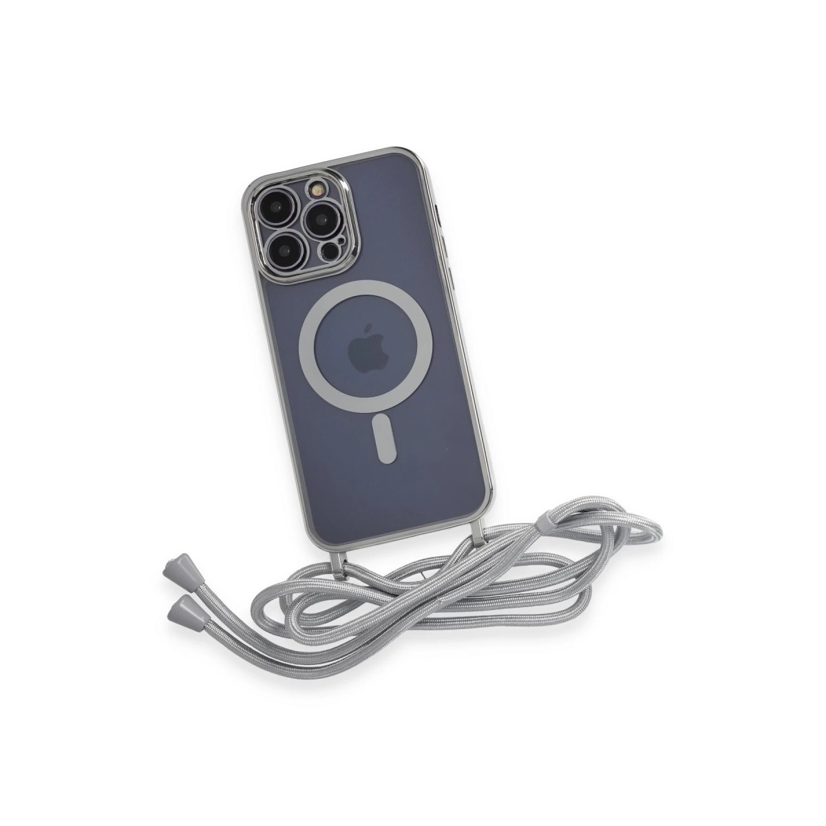 Gri iPhone kılıfı, beyaz arka plan üzerinde ipiyle duruyor.