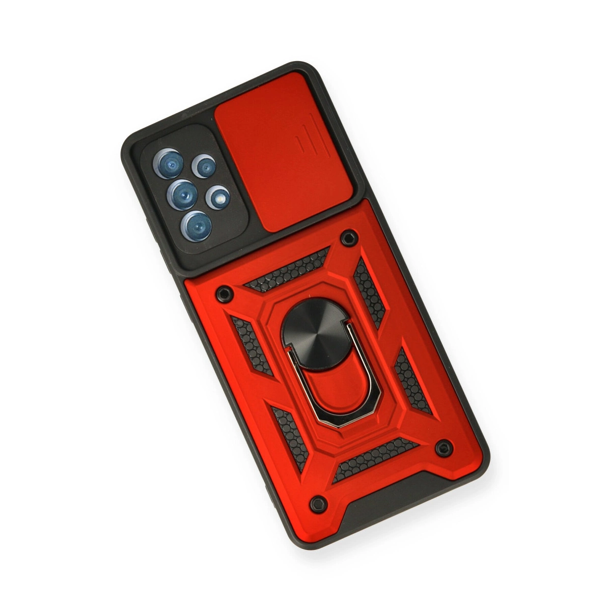 Kamera kapaklı ve halka tutuculu kırmızı telefon kılıfı, beyaz arka plan üzerinde.