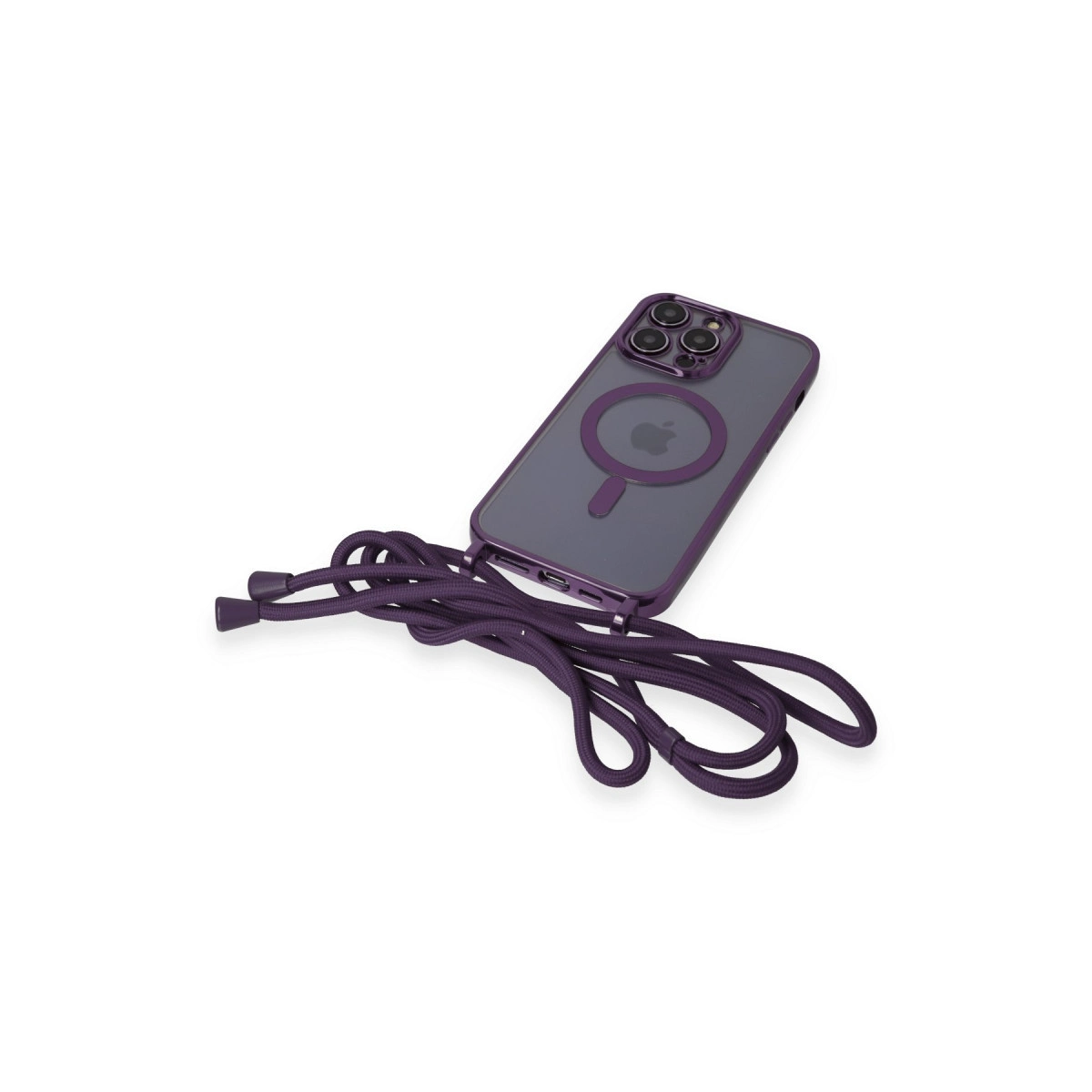 MagSafe özellikli ve mor kordonlu şeffaf telefon kılıfı.