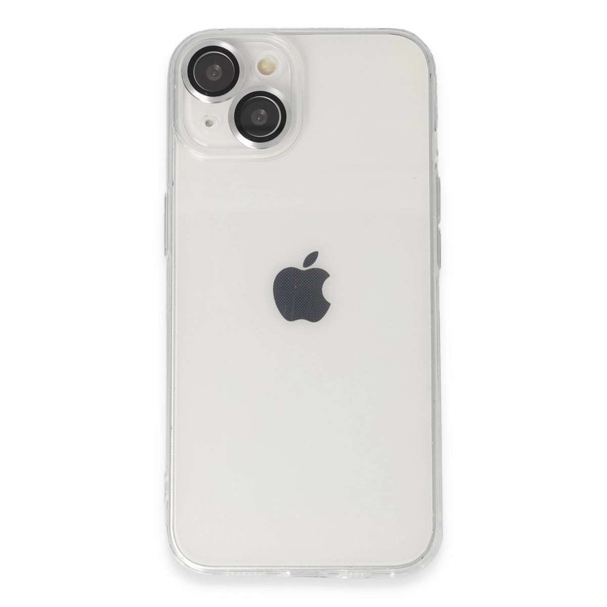 İki kamera ve Apple logosu gösteren şeffaf iPhone kılıfı.