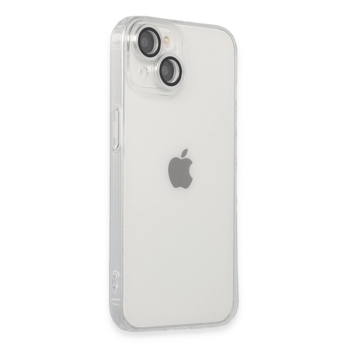Beyaz arka plan üzerinde iki kamera ve Apple logosu bulunan şeffaf telefon kılıfı.