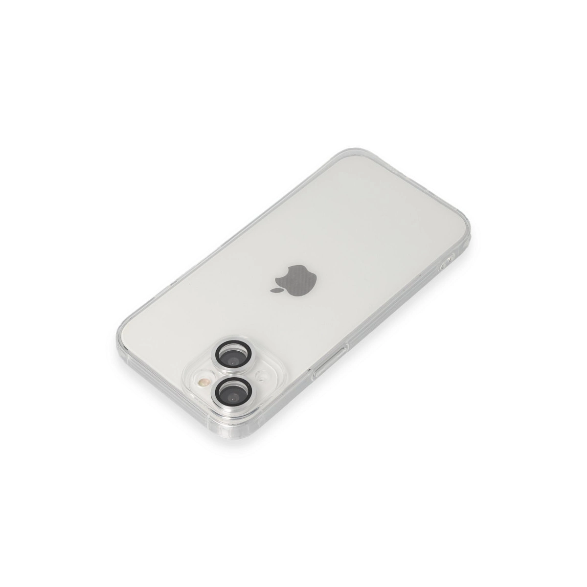 Beyaz arka plan üzerinde şeffaf telefon kılıfı. Apple logosu görünüyor.