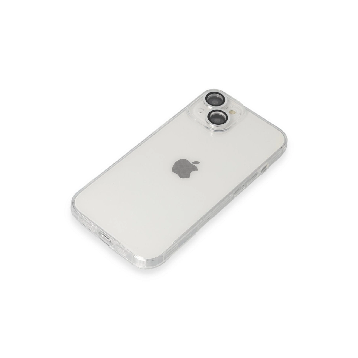 Şeffaf telefon kılıfı, Apple logosu ve çift arka kameraya sahip bir iPhone gösteriyor.