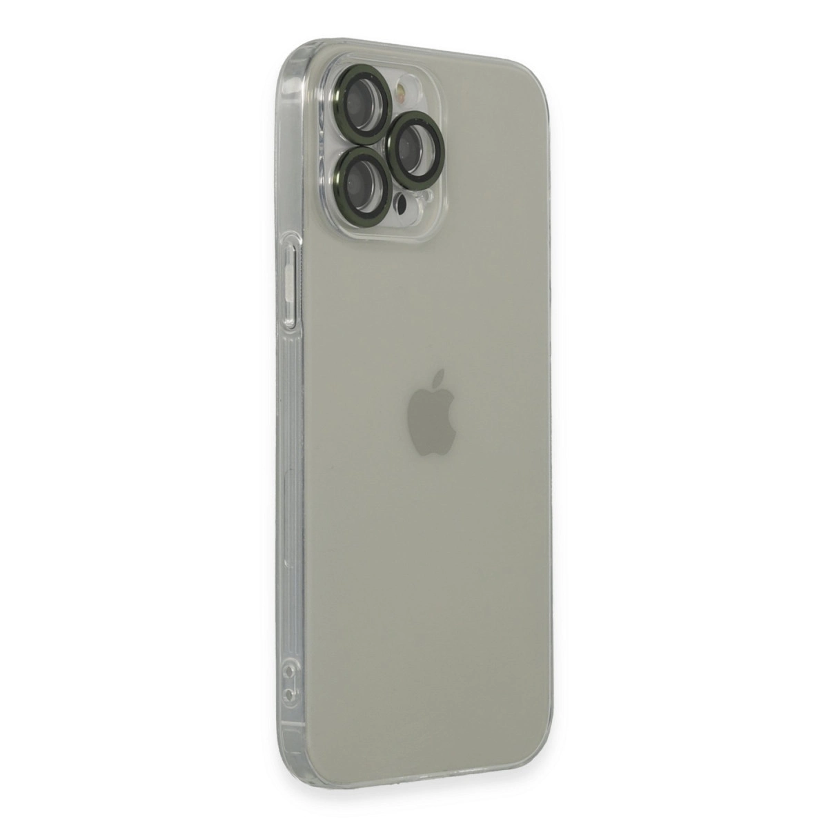 Apple logosu ve üç kamera lensi gösteren şeffaf iPhone kılıfı.