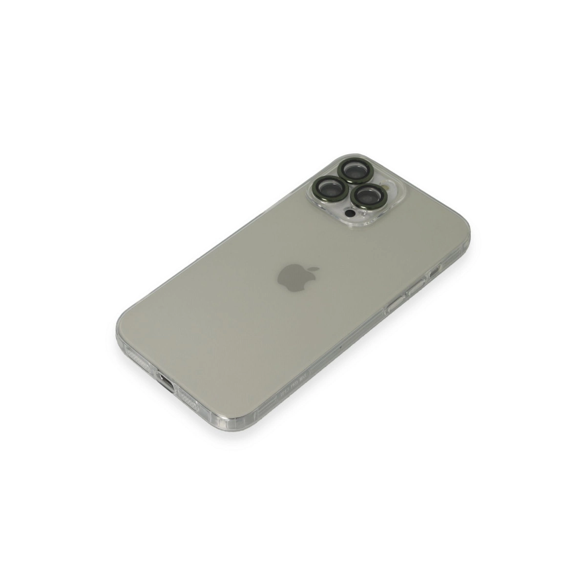 Şeffaf bir telefon kılıfı, üç arka kamerası ve Apple logosu olan gümüş bir iPhone gösteriyor.