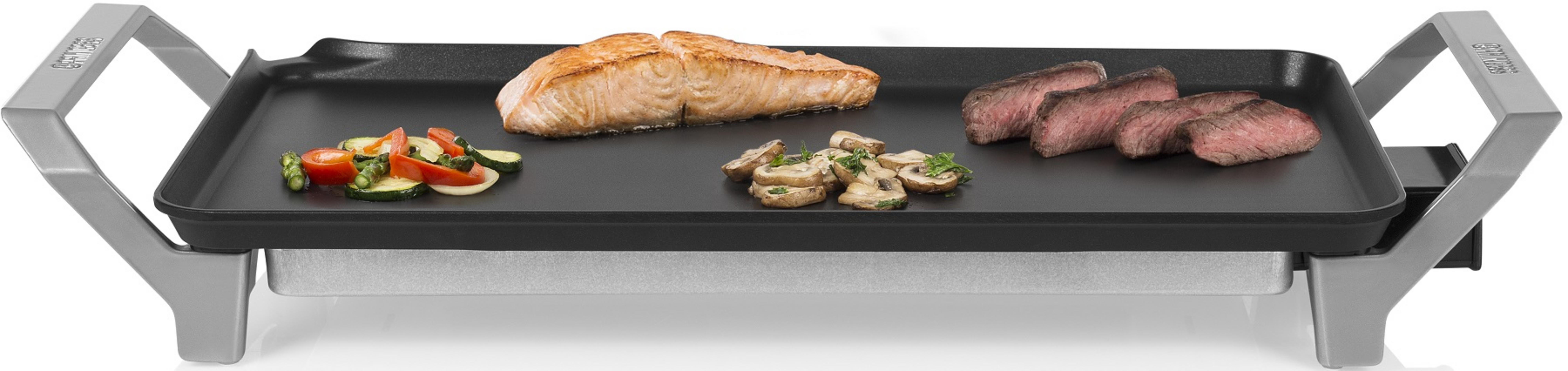 Grillplatte mit Lachs, Steak und Gemüse