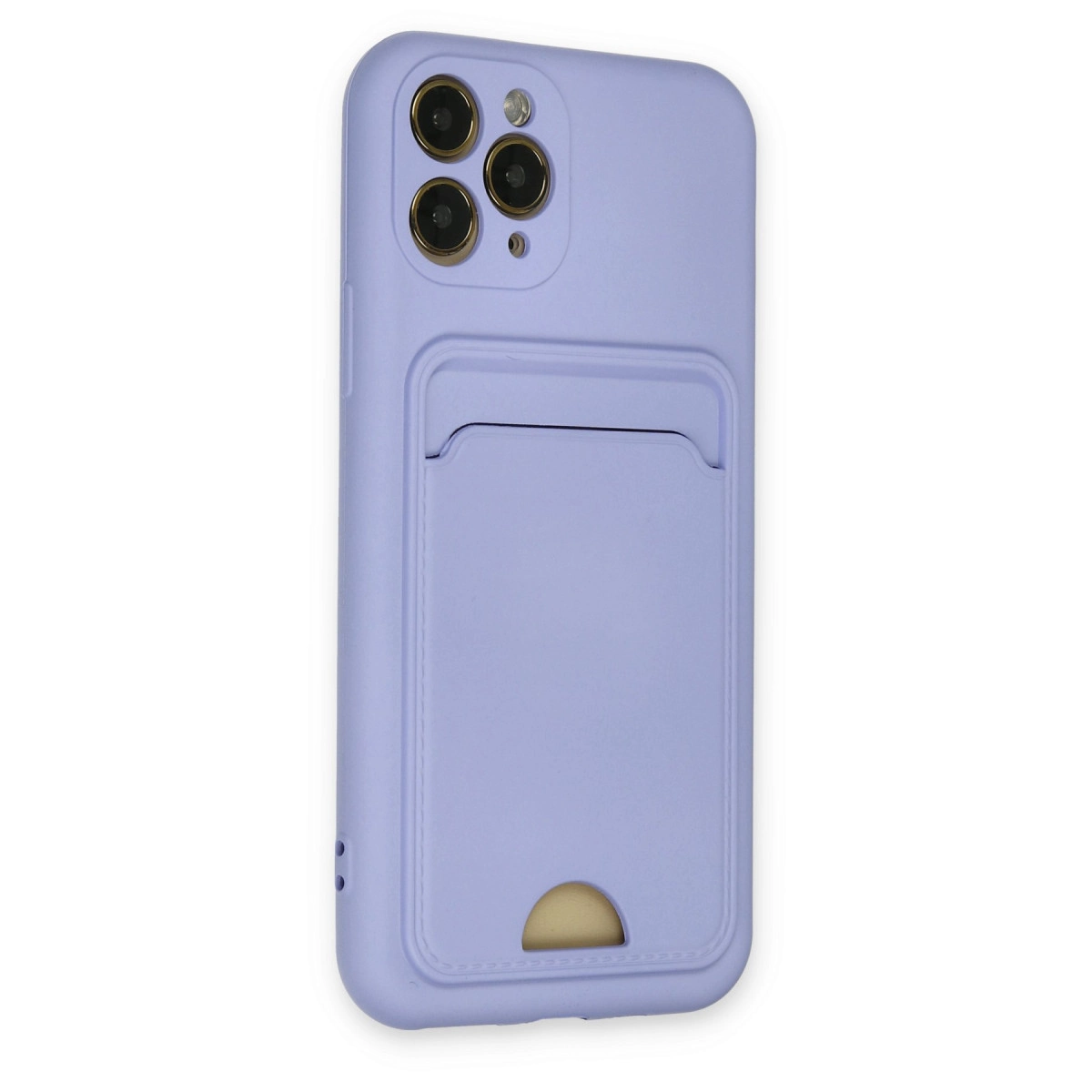 Üç kameralı ve kart yuvalı açık mor telefon kılıfı.