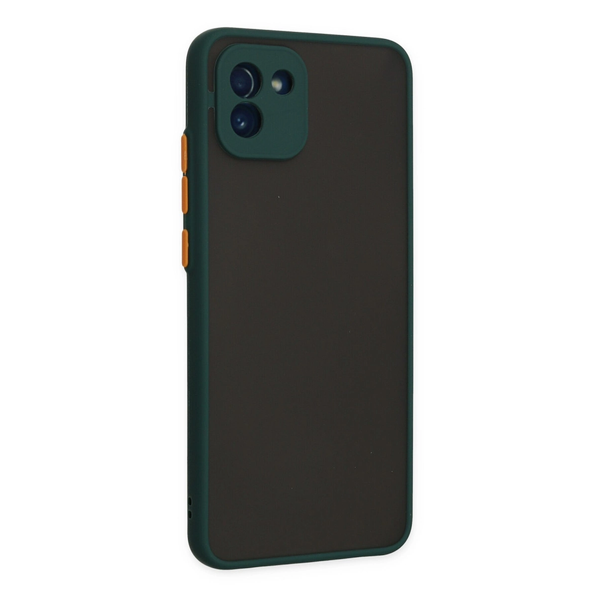 Koyu yeşil çerçeveli ve iki kameralı koyu gri telefon kılıfı.