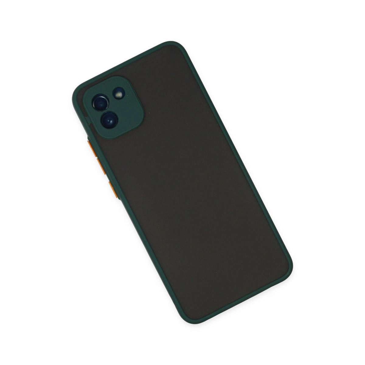 Yeşil kamera çerçeveli ve turuncu düğmeli koyu gri telefon kılıfı.