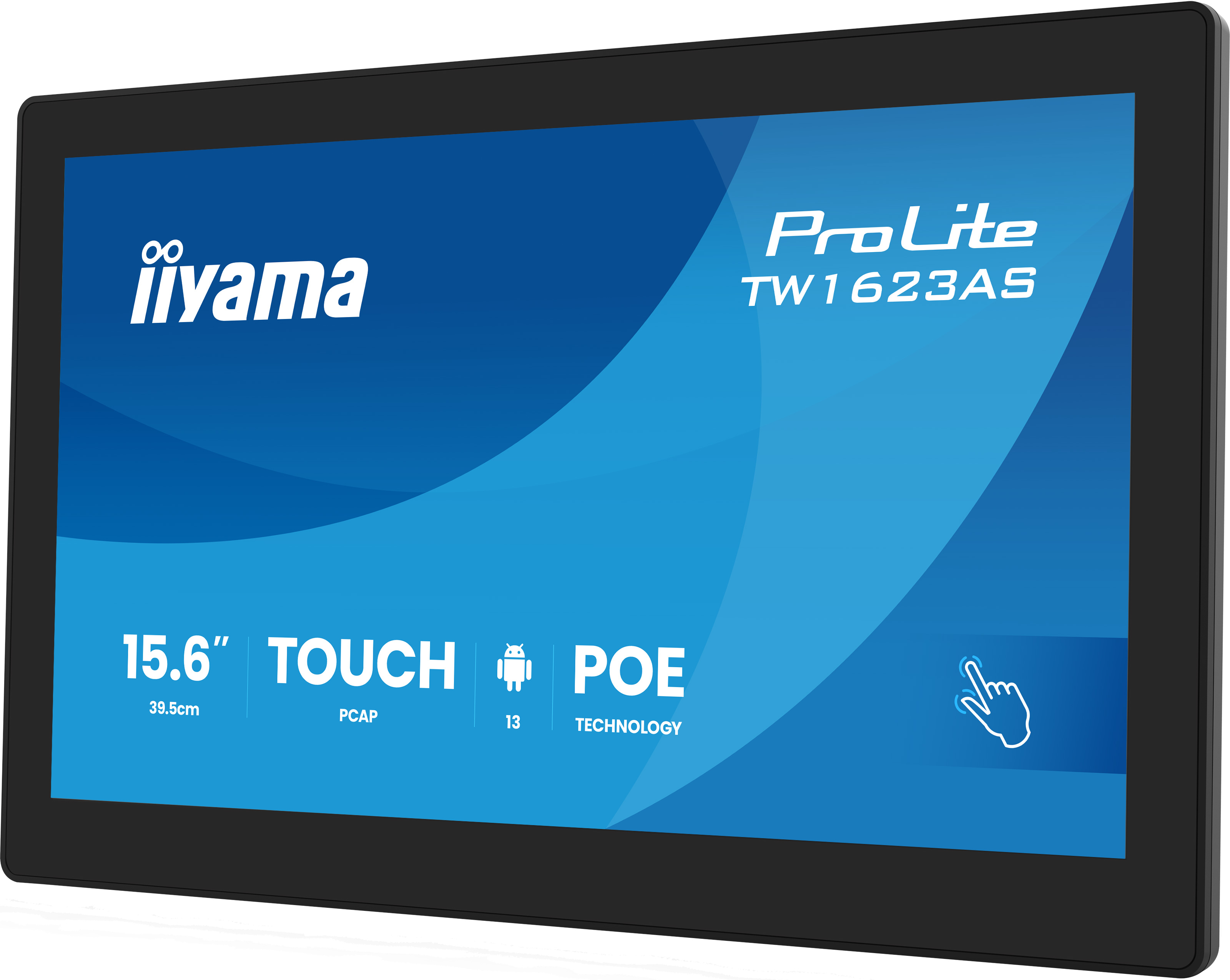 Czarny 15,6-calowy monitor dotykowy z logo iiyama i tekstem ProLite TW1623AS.