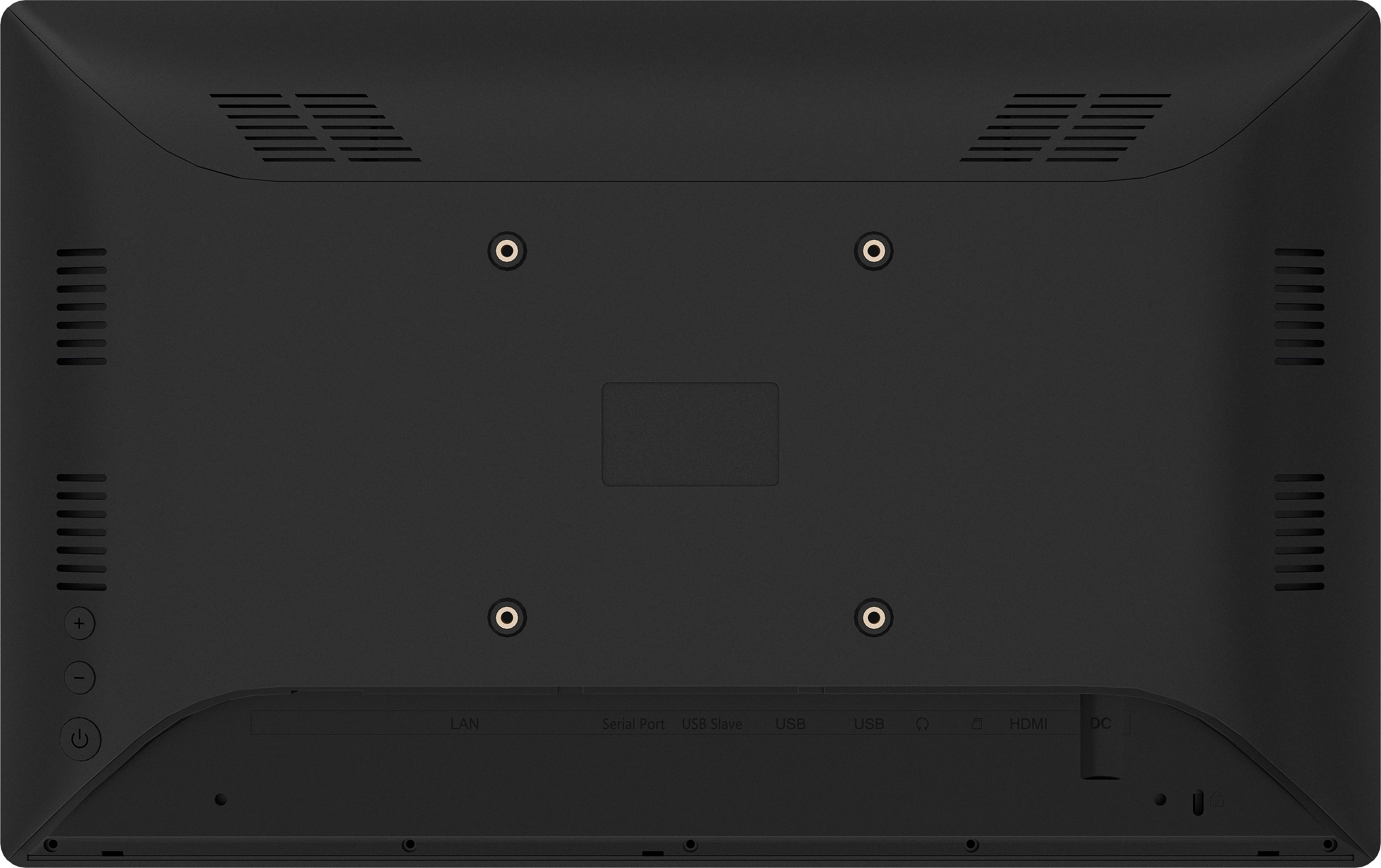 Tył czarnego monitora z otworami wentylacyjnymi i portami: LAN, USB, HDMI, DC.