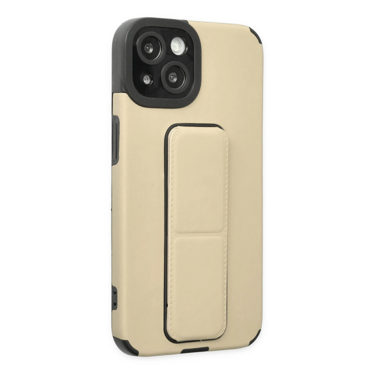 Siyah kameralı ve tutamaklı bej telefon kılıfı.