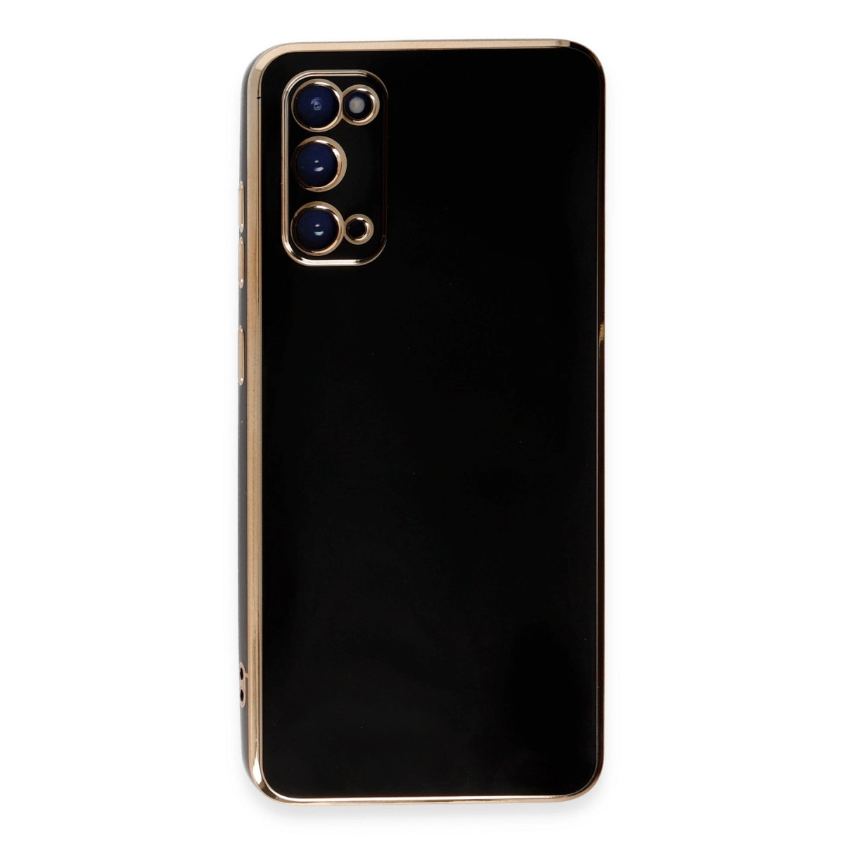Altın çerçeveli siyah akıllı telefon, sol üstte üç kamera lensi bulunur.
