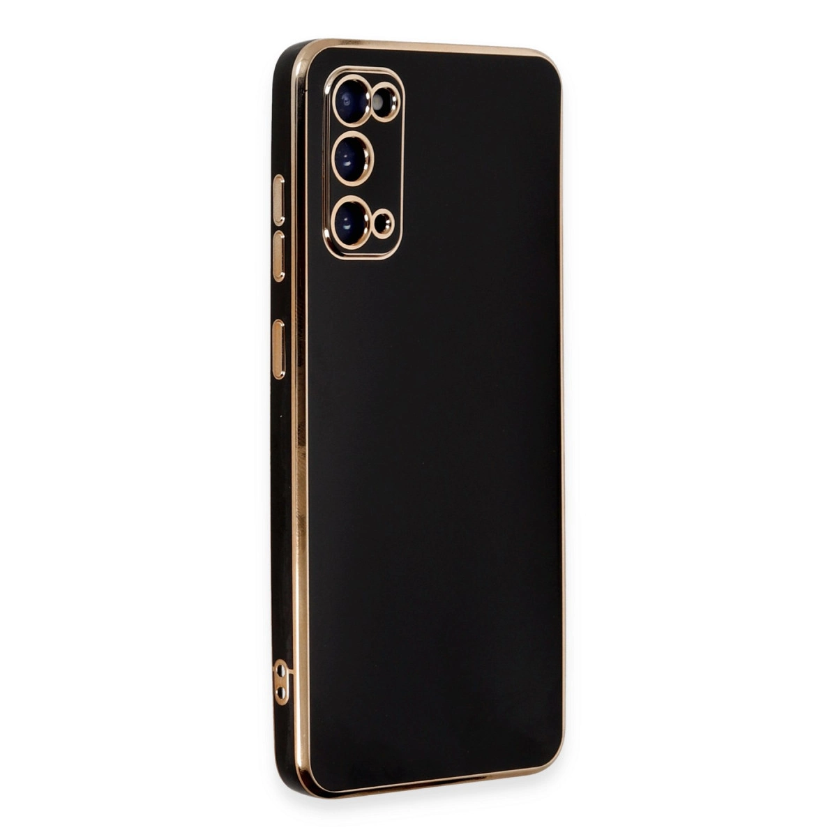 Altın kenarlı ve kamera kesimli siyah telefon kılıfı.