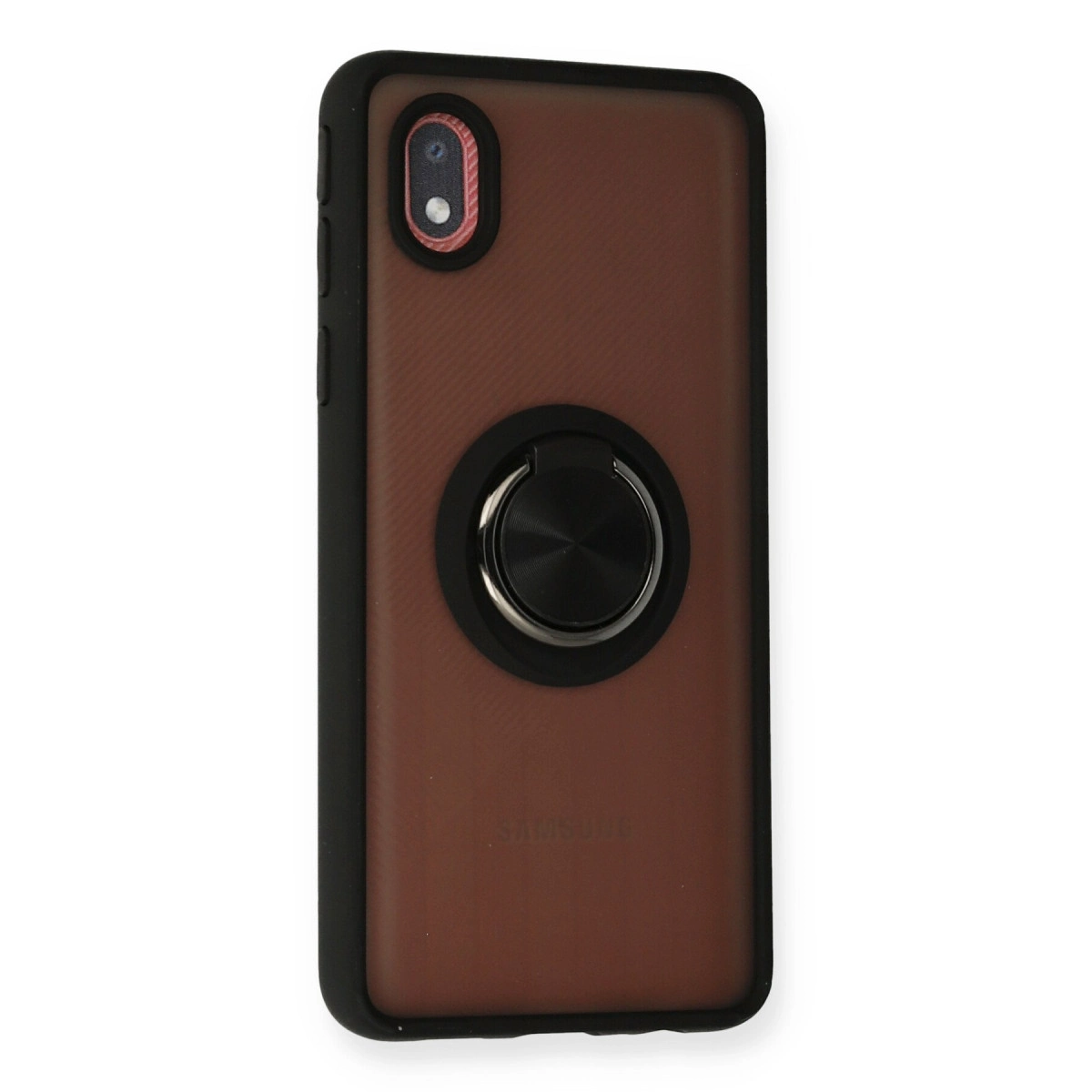Siyah çerçeveli, gümüş halkalı, kahverengi telefon kılıfı ve kamera lensi.