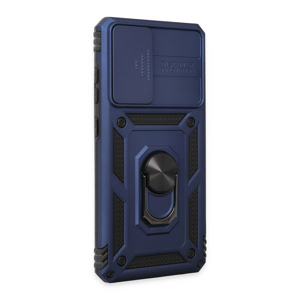 Kamera sürgülü ve halka tutuculu koyu mavi telefon kılıfı.