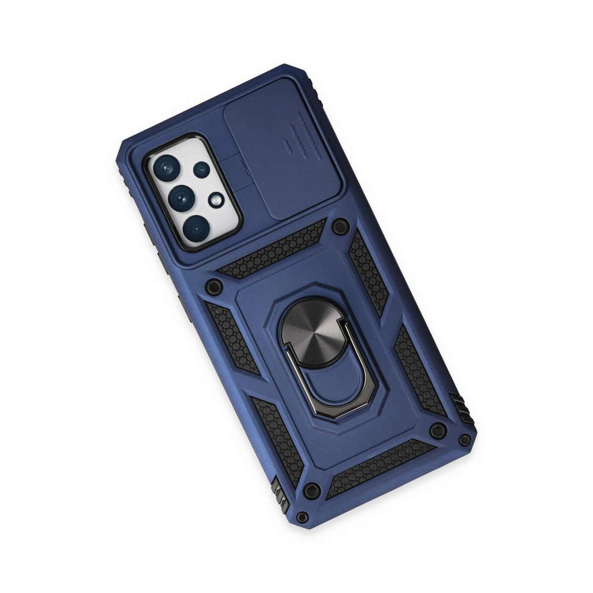Kamera yuvalı, kayar kapaklı ve halka tutuculu lacivert telefon kılıfı.
