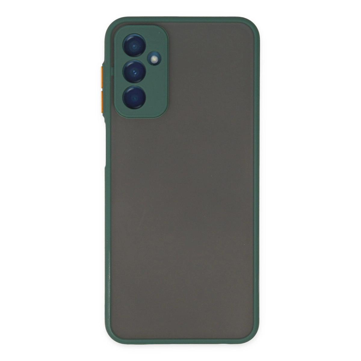 Üç kamera lensli, yeşil kenarlı, koyu gri telefon kılıfı.