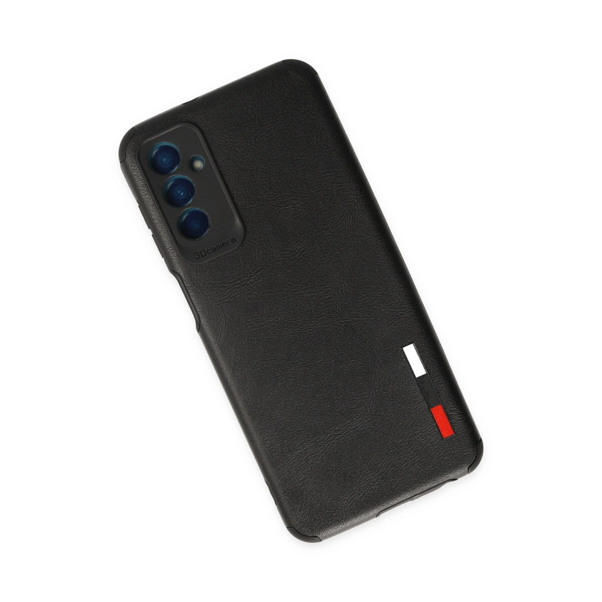 Üç kameralı siyah telefon kılıfı, şerit detaylı.