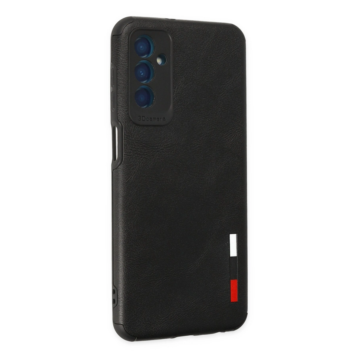 Üç kameralı siyah telefon kılıfı, beyaz, kırmızı ve mavi şeritli.