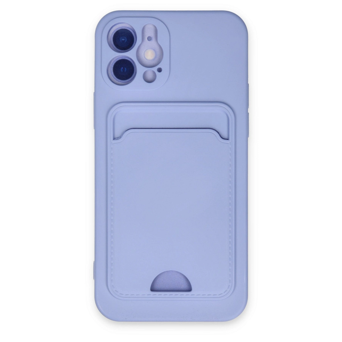 Kart tutuculu ve kamera kesimli lavanta rengi telefon kılıfı.