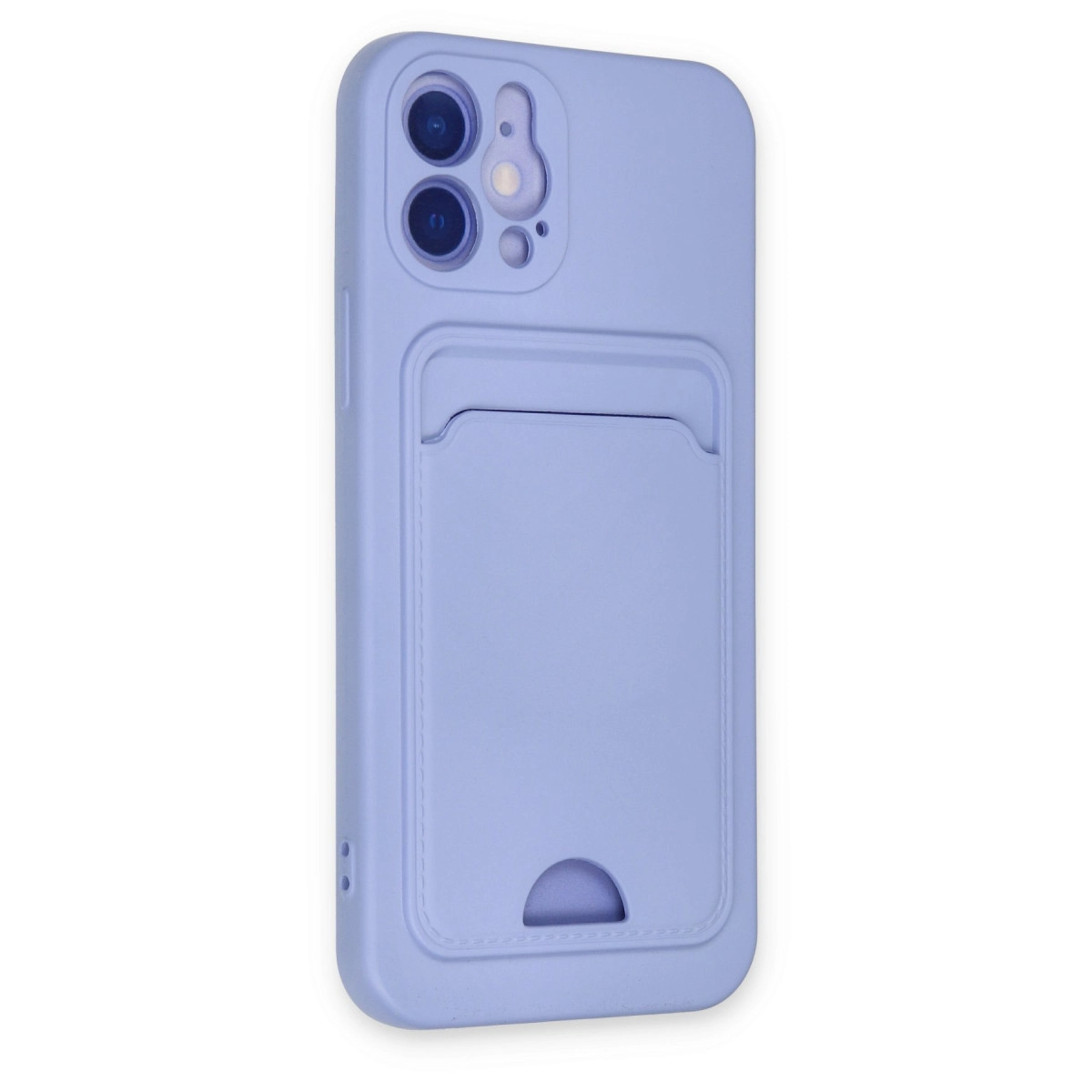 Kamera kesimli, kartlık bölmeli lavanta rengi telefon kılıfı.