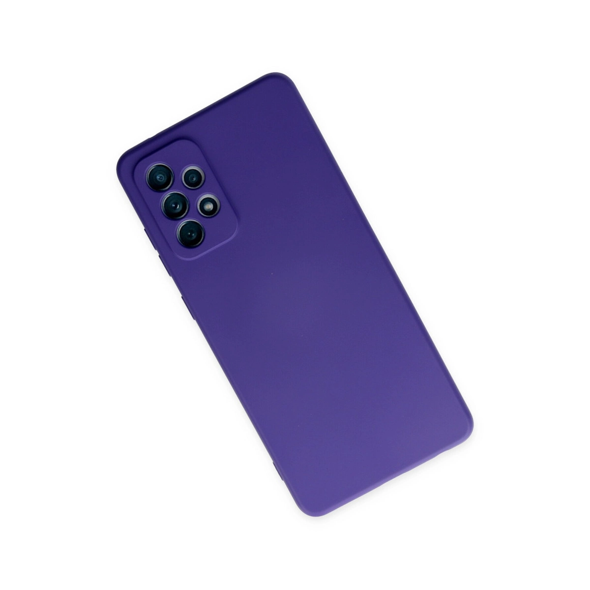 Beyaz arka plan üzerinde kamera modüllü mor telefon kılıfı.