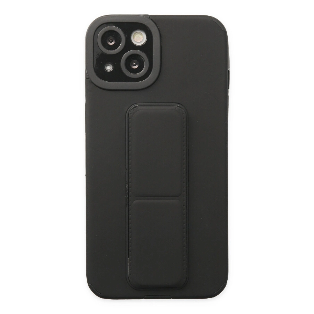 Entegre tutmaçlı ve kamera oyuntulu siyah telefon kılıfı.