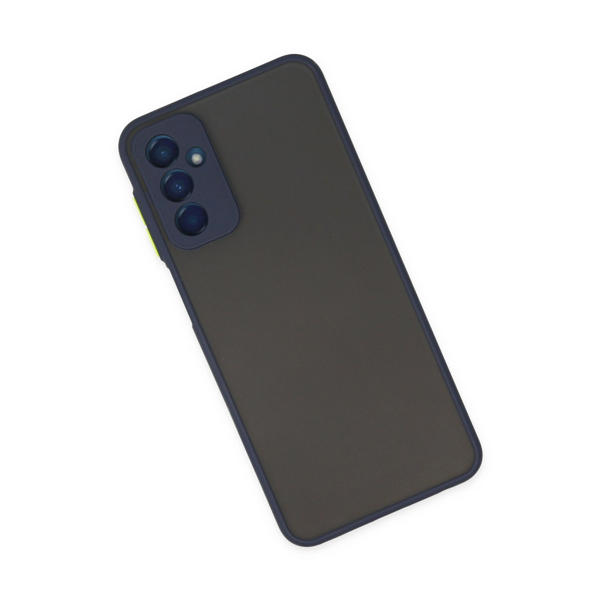 Mavi kenarlı, üç lensli koyu gri telefon.
