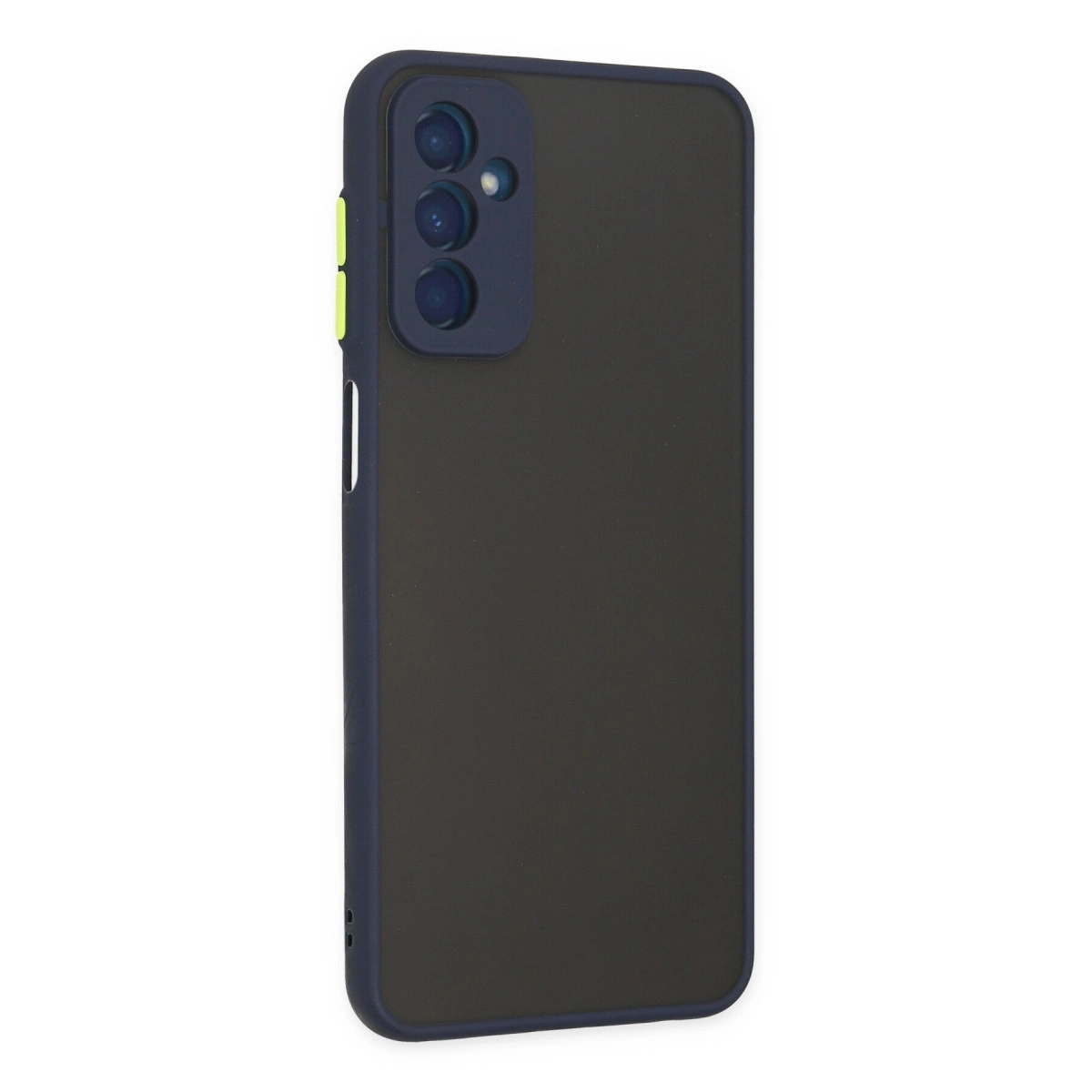 Mavi kamera çıkıntılı ve sarı düğmeli koyu gri telefon kılıfı.