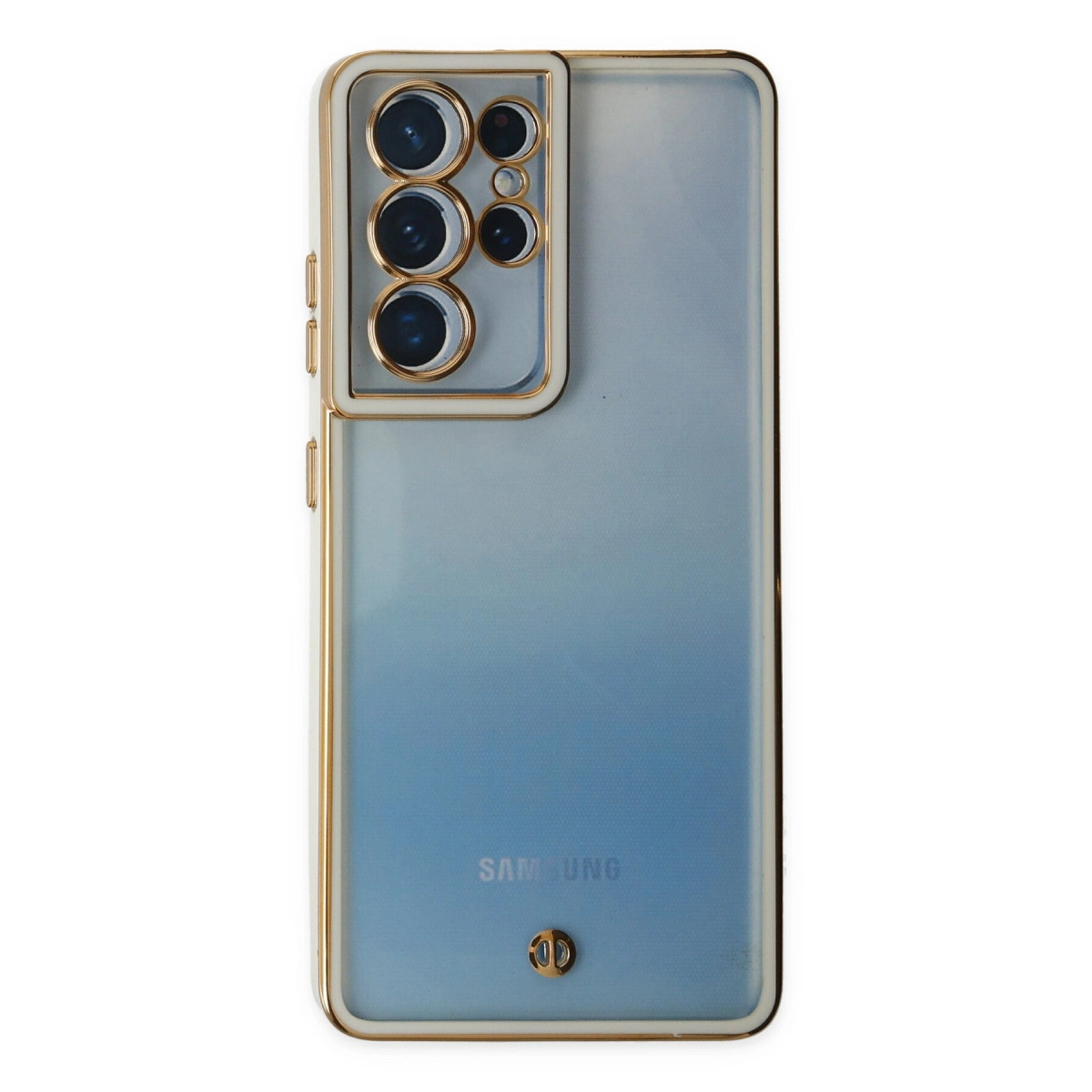 Kamera modülü ve altın çerçeveli mavi akıllı telefonun arkası.